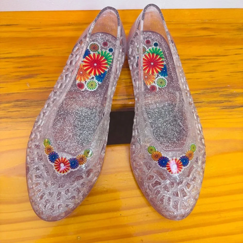 VTG‎ Y2K Grendene Jelly Flats Sparkle Flower Accent Shoes Girls Sz 13 Brazil